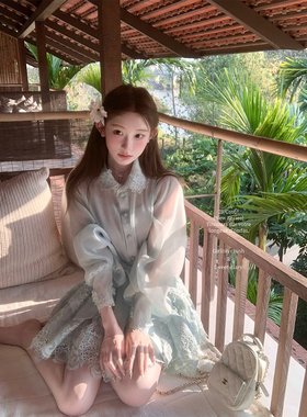 迟伞伞 25/ss 仙踪高定 zim薄荷绿重工定制蕾丝钉珠衬衫连衣裙女