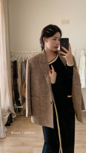 外套女 枪驳领人字纹夹棉羊毛大衣西装 迟伞伞 玛德琳梧桐