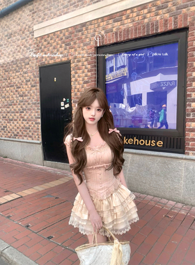 迟伞伞 25/ss 双生樱酪 刺绣钉珠光泽感收腰上衣蕾丝重工蛋糕短裙