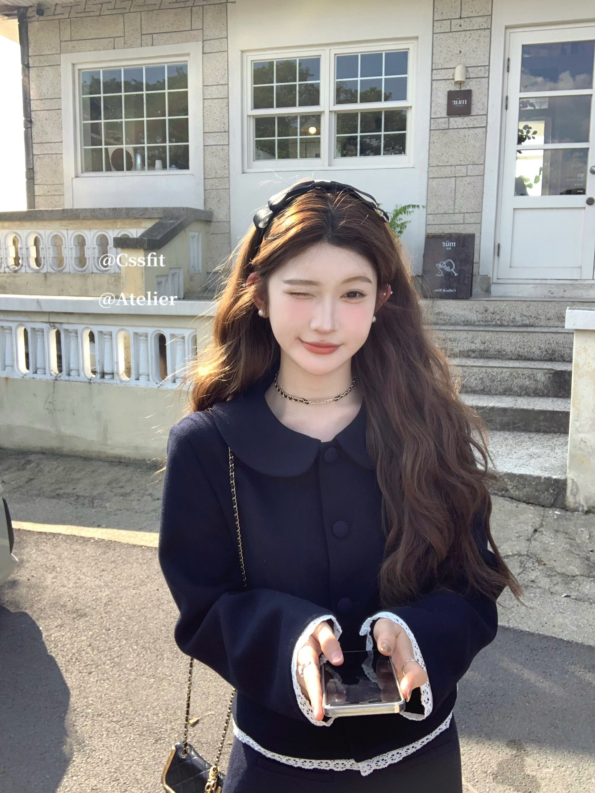 迟伞伞翻领羊毛呢外套+半裙套装