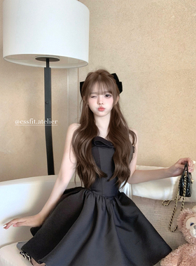 迟伞伞25/ss Jor人生小黑裙 黑色蝴蝶结收腰吊带蓬蓬纱连衣裙短裙