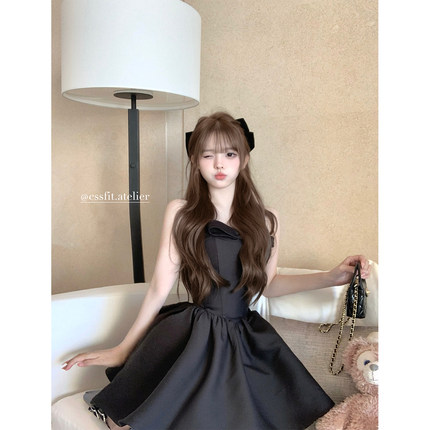 迟伞伞25/ss Jor人生小黑裙 黑色蝴蝶结收腰吊带蓬蓬纱连衣裙短裙