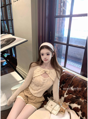 迟伞伞26/ss 妮妮千金 蝴蝶结挖空超细马海毛麻花长袖针织衫上衣