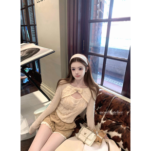 迟伞伞26/ss 妮妮千金 蝴蝶结挖空超细马海毛麻花长袖针织衫上衣