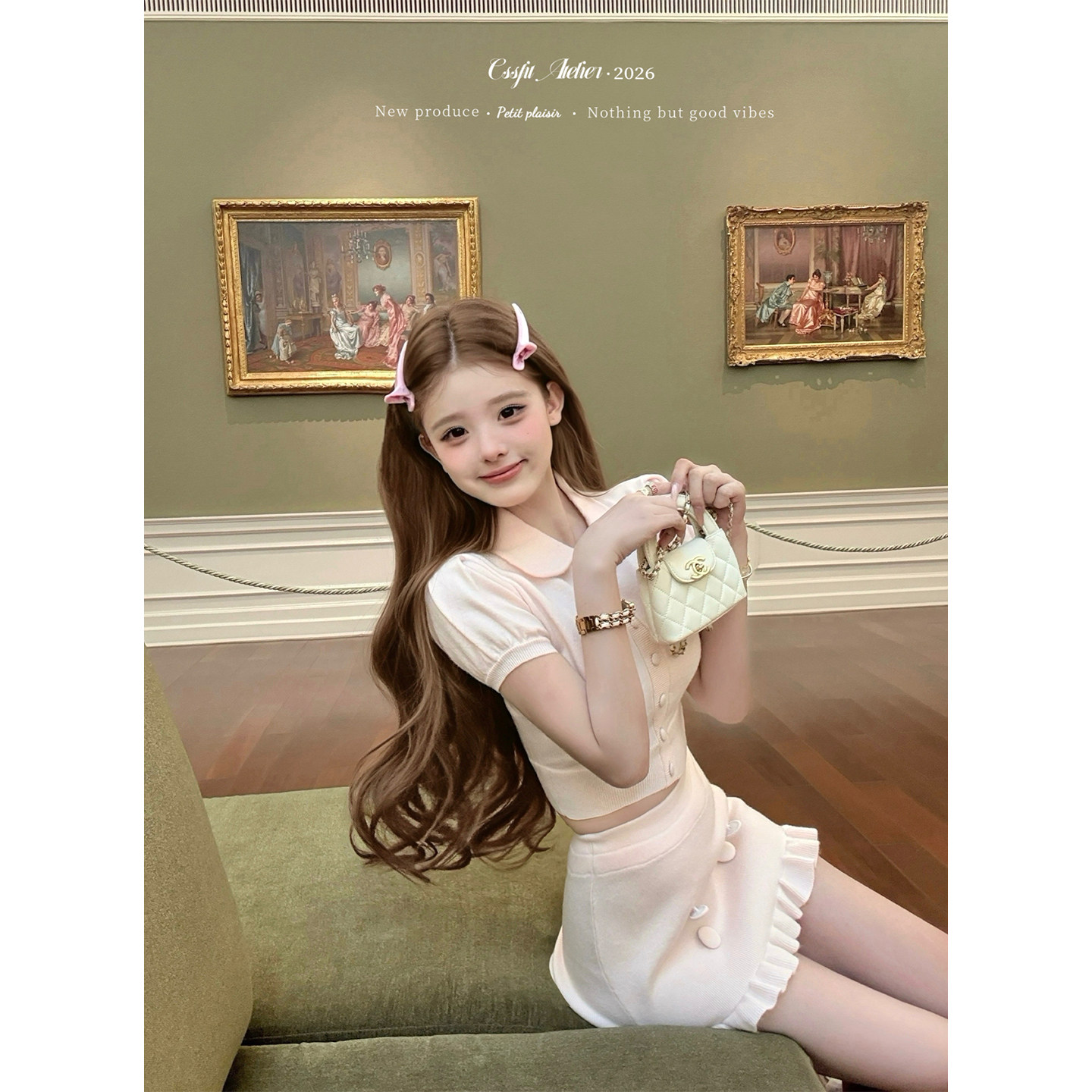 迟伞伞26/ss 泰兰德购入 翻领针织上衣双排扣短裙套装奶黄/粉色