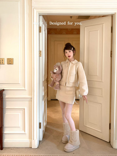 迟伞伞小圆翻领针织开衫半裙套装