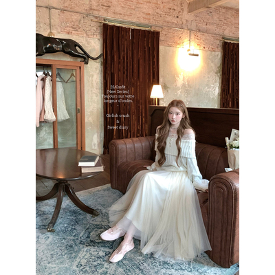 迟伞伞一字肩蕾丝麻花针织毛衣