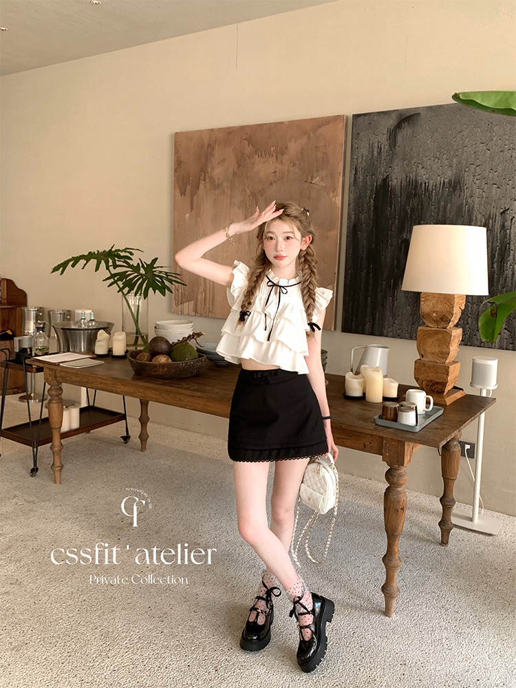 迟伞伞 露思物语 系带小飞袖千层短款小上衣蝴蝶结小直筒半裙短裙