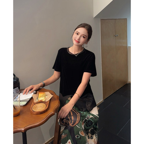 MISS RUILI定制  新款时尚下摆透视圆领休闲减龄丝绒短袖F2337