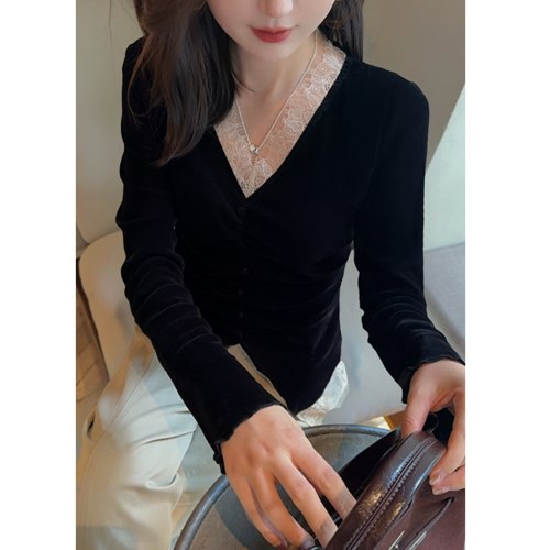 MISS RUILI定制   新款气质温柔蕾丝拼接收腰褶皱显瘦上衣F2639