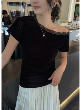 MISS RUILI定制   新款气质斜肩蕾丝拼接丝绒短袖柔软上衣F2216