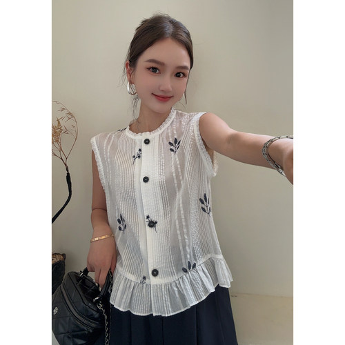 MISS RUILI定制   新款法式甜美减龄无袖小花刺绣气质上衣F2346