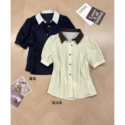 MISS RUILI  定制  韩系宽松翻领短袖衬衫女夏季撞色上衣F0632