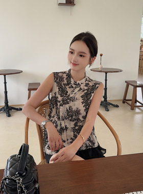 MISS RUILI定制 新款新中式重工花卉提花无袖水墨画盘扣衬衫F2280
