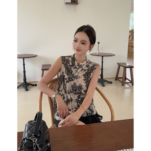 MISS RUILI定制 新款新中式重工花卉提花无袖水墨画盘扣衬衫F2280