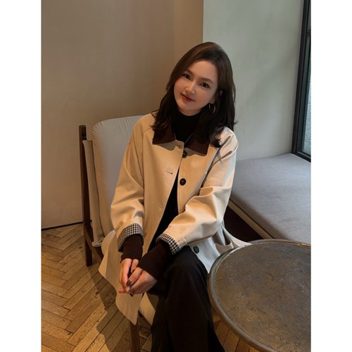 MISS RUILI定制   新款复古高级撞色小个子中长款拼接风衣F2636