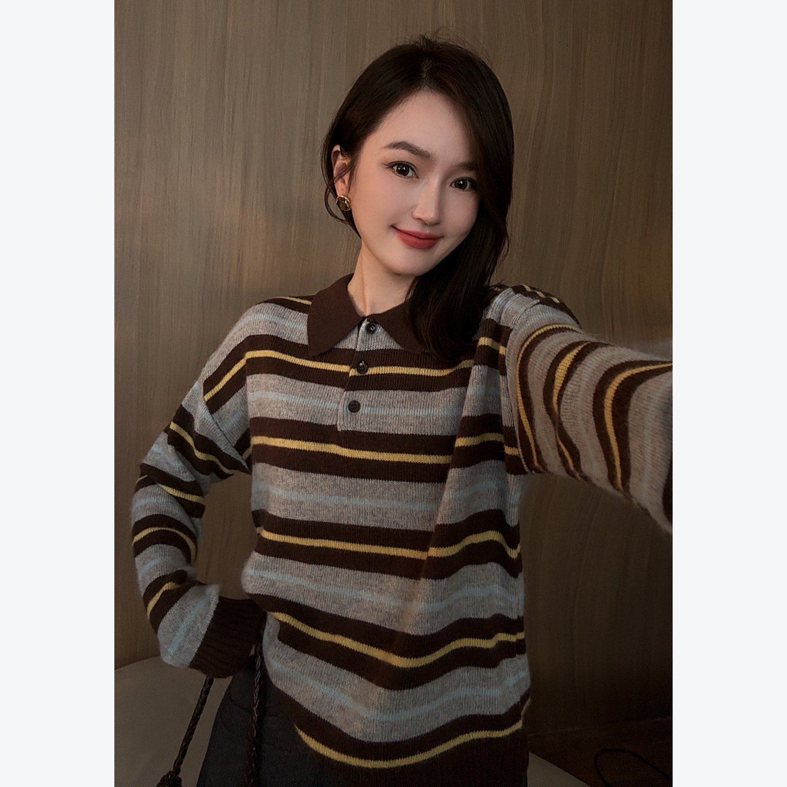 MISS RUILI定制   学院风翻领条纹减龄百搭显瘦时尚针织毛衣F2775