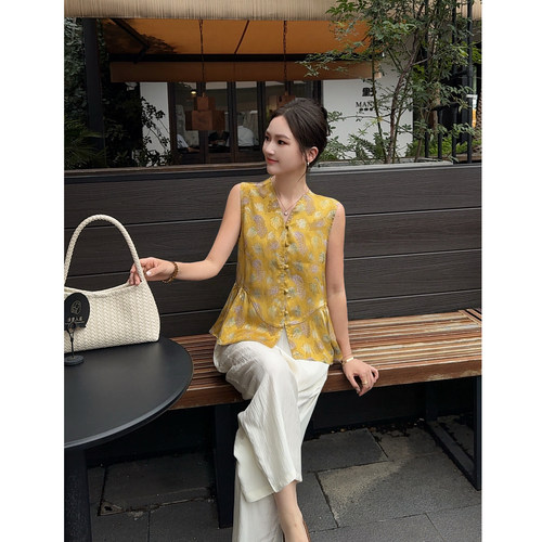 MISS RUILI定制   新款新中式国风复古印花盘扣无袖马甲背心F2245
