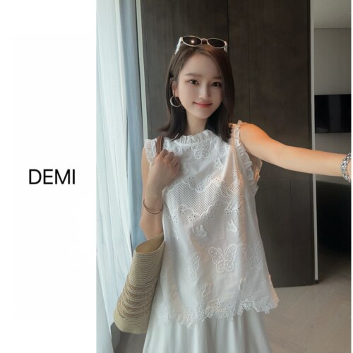 MISS RUILI定制 新款小众蕾丝花边无袖提花刺绣镂空减龄上衣F1976