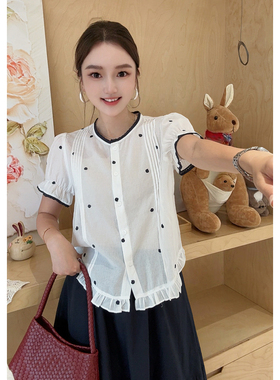 MISS RUILI定制  新款圆点花边泡泡袖甜美减龄百搭白色衬衫F2344