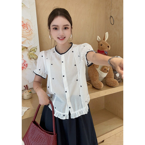 MISS RUILI定制  新款圆点花边泡泡袖甜美减龄百搭白色衬衫F2344