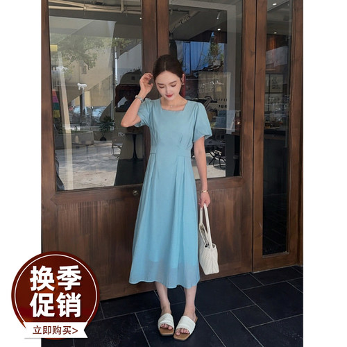 MISS RUILI定制   新款法式优雅方领收腰小个子气质连衣裙F2389