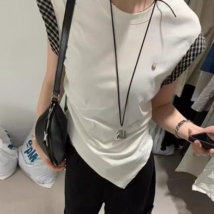 MISS RUILI  定制  2025新款时尚百搭宽松显瘦拼接格子T恤F0795