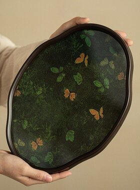 绿野蝶踪海棠干泡盘家用精致茶盘高档功夫茶道配件茶托盘蓄水壶承