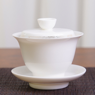 高档白色陶瓷一体三才碗千孔过滤泡茶器羊脂玉瓷家用盖碗C287