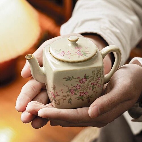 古汝四方茶壶小茶壶开片功夫茶具米黄西施茶壶泡茶器开片单壶