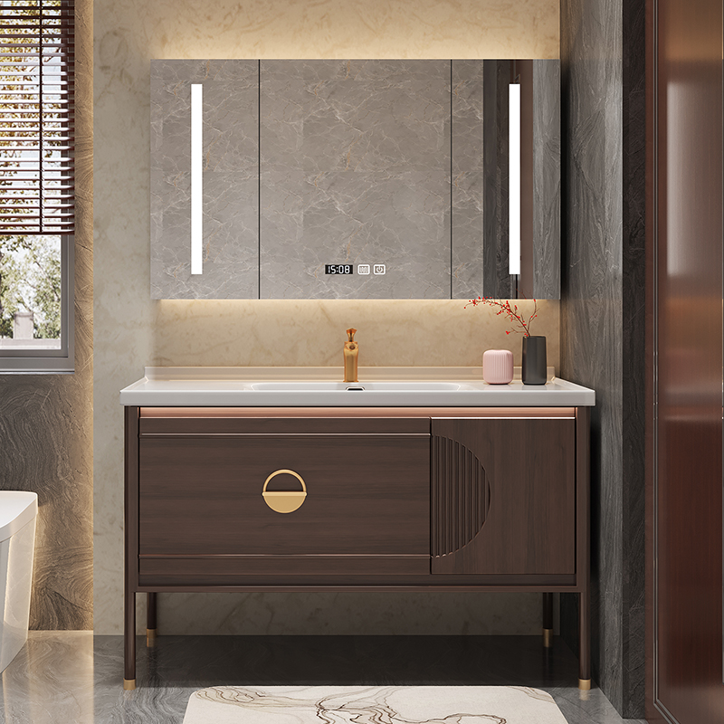 现代简约新中式陶瓷一体盆落地式浴室柜组合实木卫生间洗手池卫柜