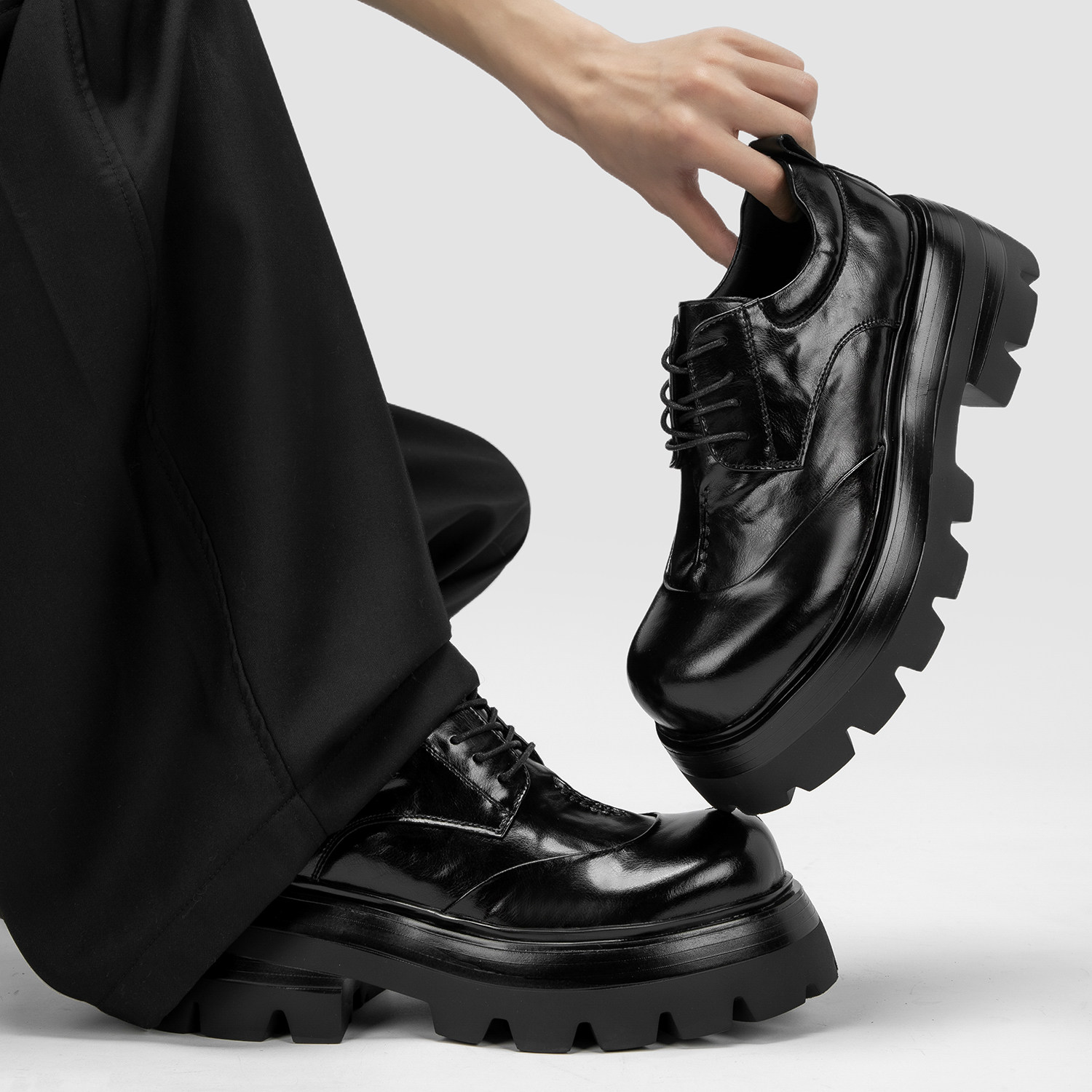 大头皮鞋男款休闲厚底增高7cm松糕鞋男英伦黑色通勤高级感德比鞋