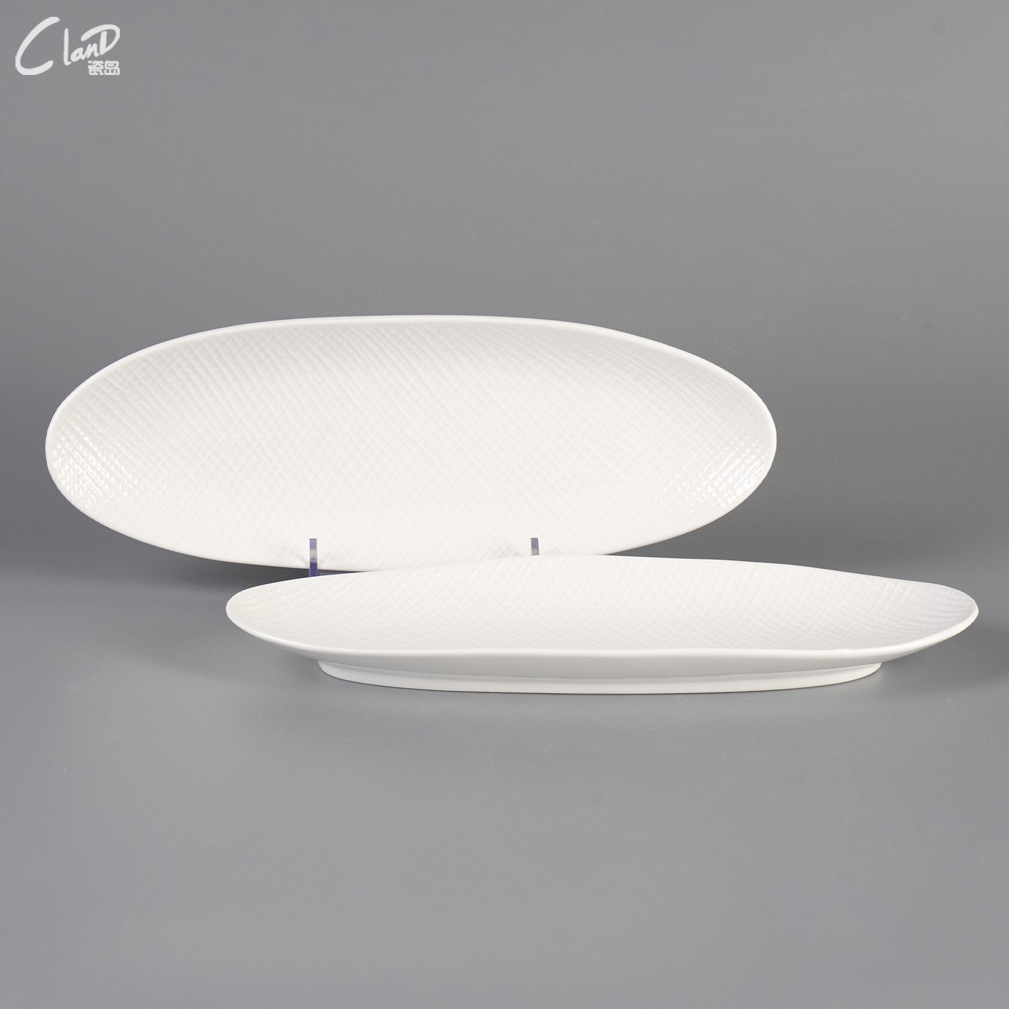 简约白色盘陶瓷餐具纹理盘子椭圆形盘餐桌餐厅西餐特色菜创意酒店