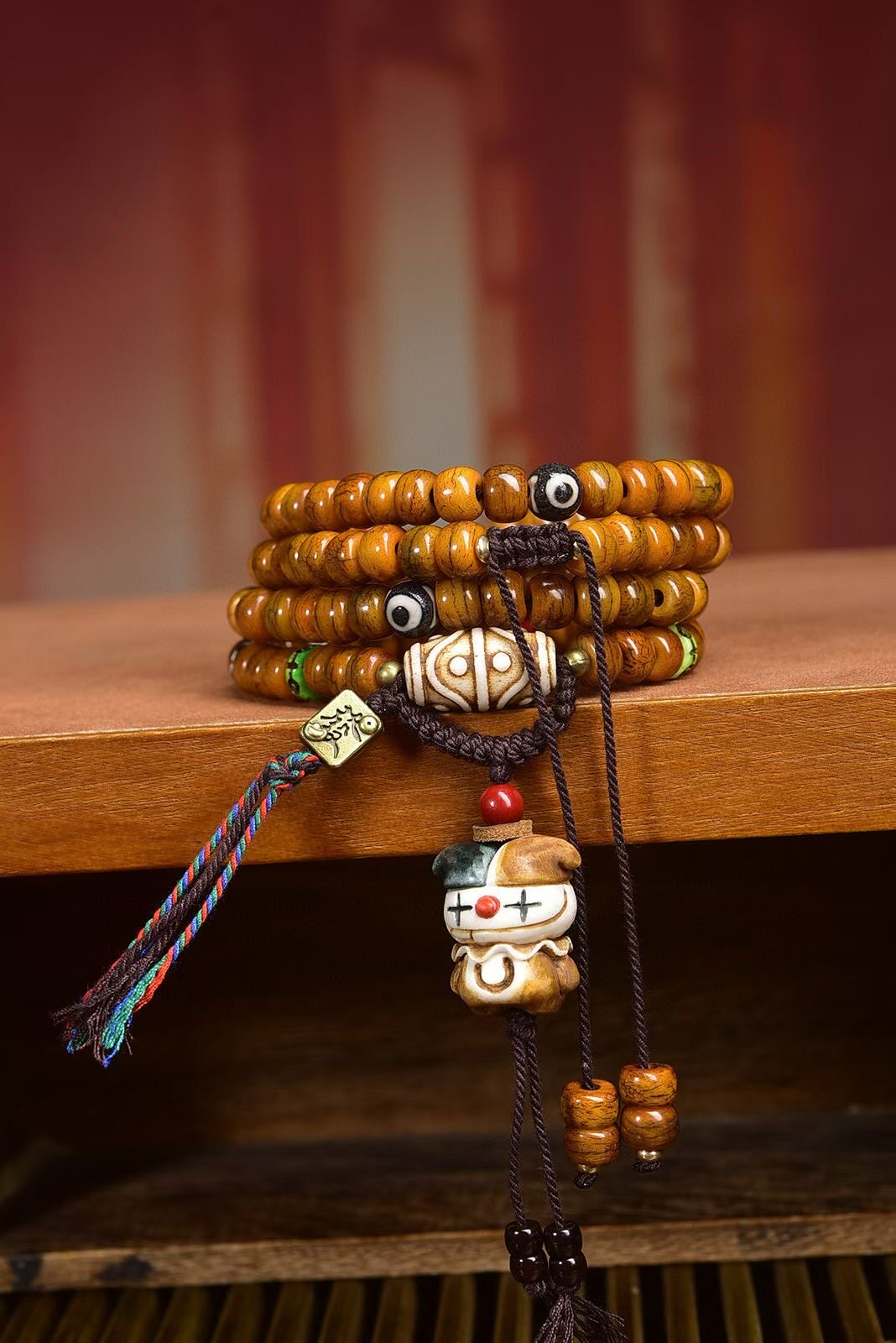 藏传回流骨桶珠108颗佛珠念珠牦牛骨天珠根付小丑吊坠配饰文玩