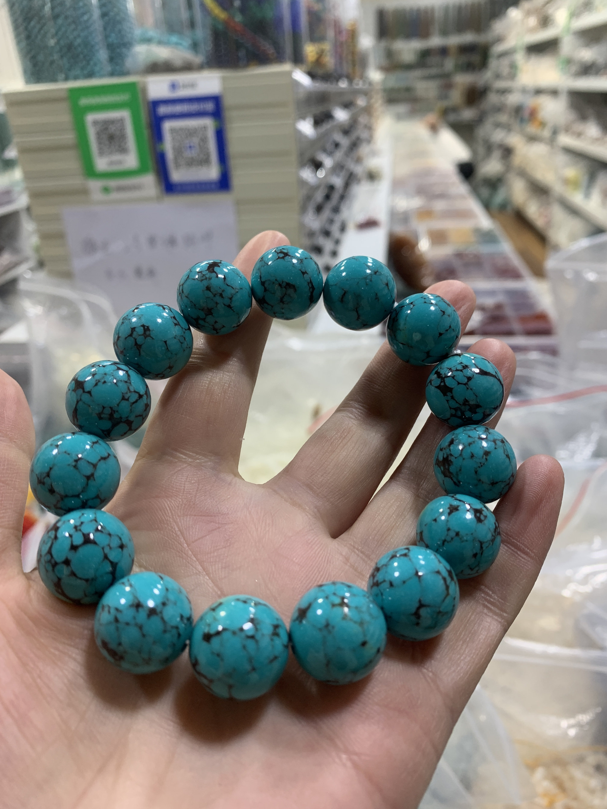 天然原矿高瓷绿松石手串网花铁线文玩手链乌兰花圆珠单圈男女手饰