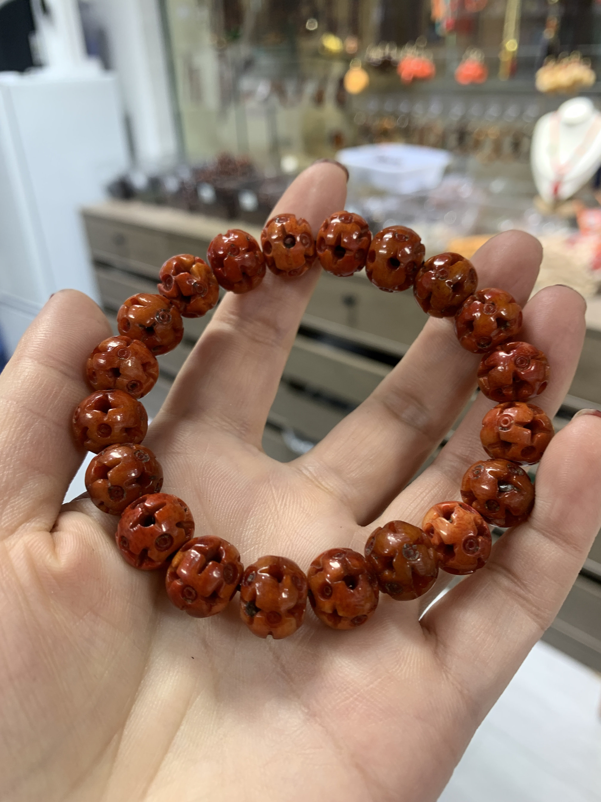 天然牦牛骨单圈手链,雕刻镂空花珠 精品 藏式 念珠 手链项链