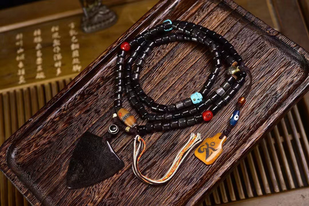 桶珠108颗黑金盾牌老骨银镶嵌天珠松石尸陀林老铜三通料器骰子