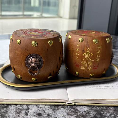 雷击枣木摆件精雕小鼓木质把件盘玩纯手工雕刻木鼓款