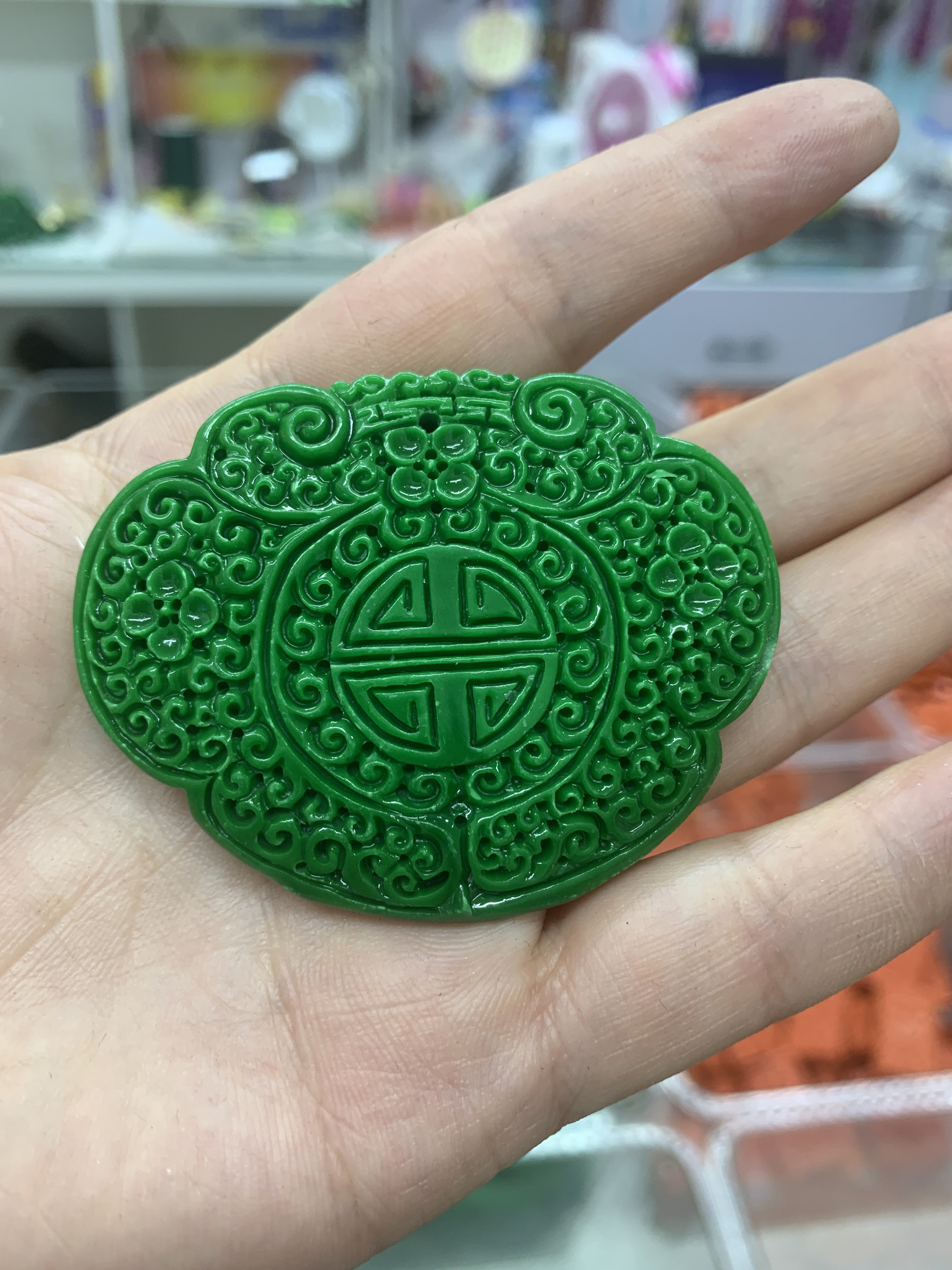 新款祖母绿色干青双面如意福牌项链吊坠毛衣链中国风中式礼物正品