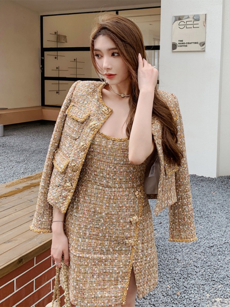 小香风金色粗花呢连衣裙外套套装