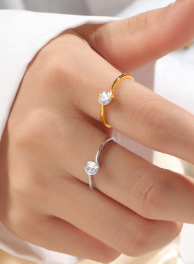 日韩新款两爪锆石单钻钛钢戒指女简约时尚轻奢指环食指中指不掉色