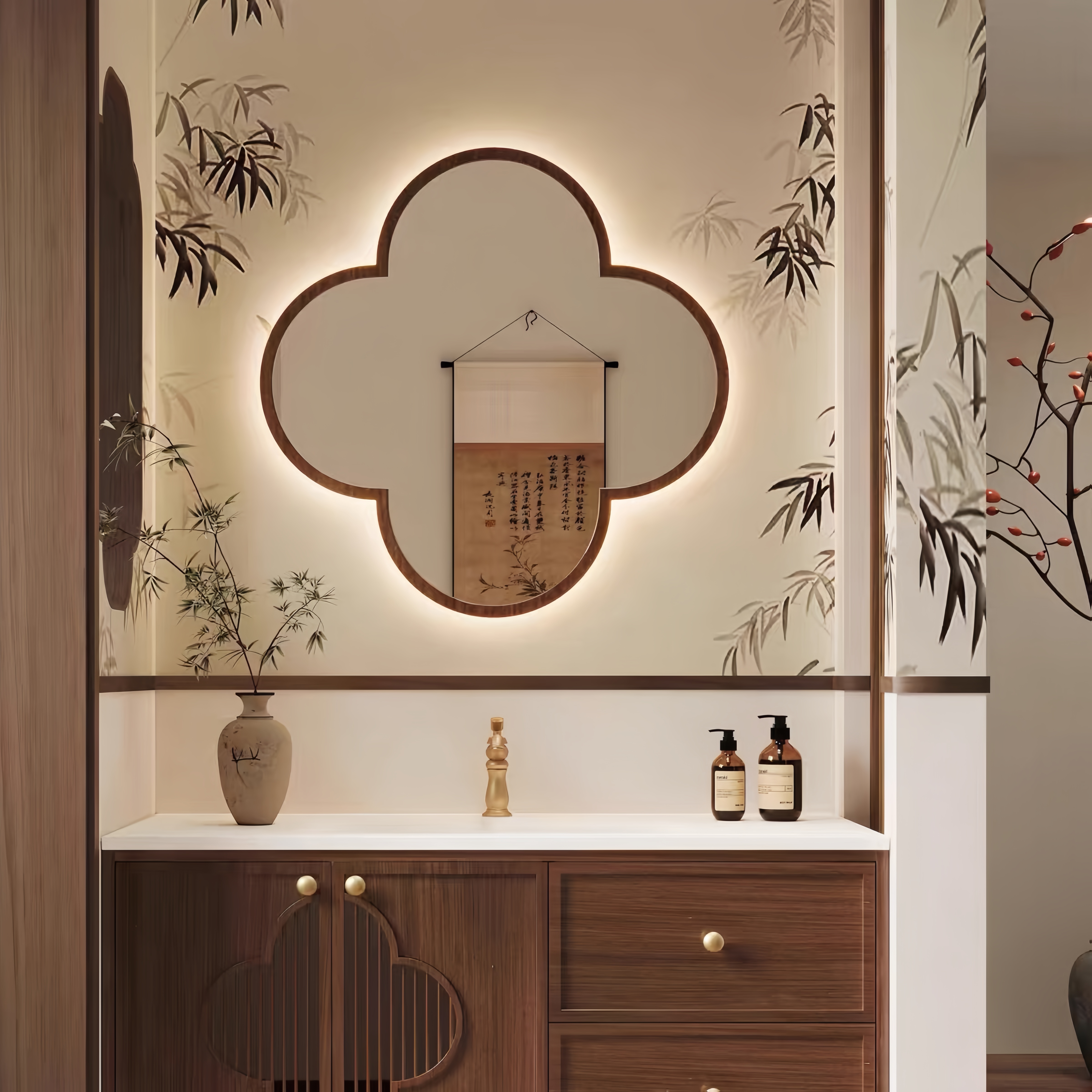 卫生间镜子胡桃木浴室镜子带灯