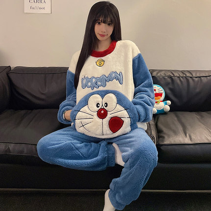 哆啦a梦冬款睡衣女珊瑚绒加厚可爱学生大码秋冬季套头家居服套装