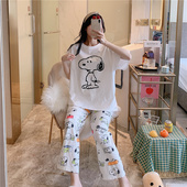 纯棉布料100全棉韩国ins睡衣女夏季 卡通史努比家居服 套装 短袖 长裤