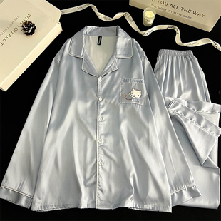 男士冰丝睡衣春秋季长袖开衫套装薄款凉感丝绸宽松卡通KT猫家居服