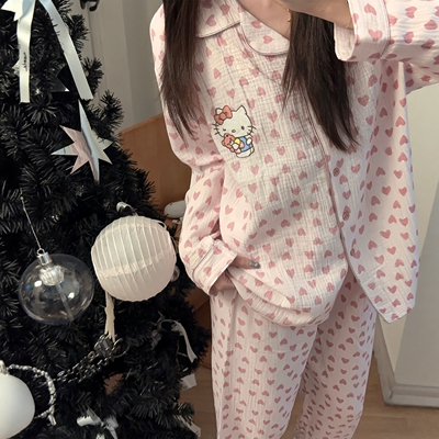 甜美hellokitty纯棉纱布睡衣女春秋韩系公主风套装长袖长裤家居服