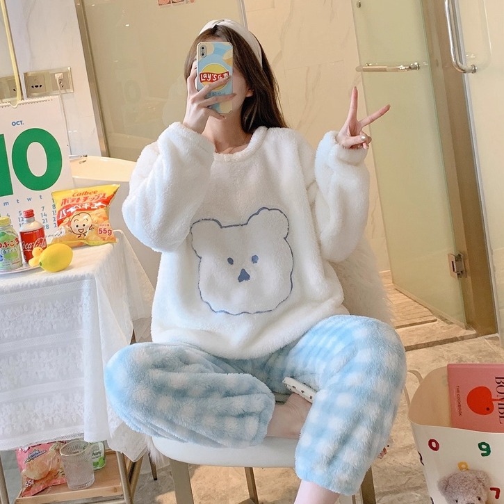 加厚珊瑚绒睡衣女冬季加绒保暖2025新款法兰绒小熊秋冬可爱家居服