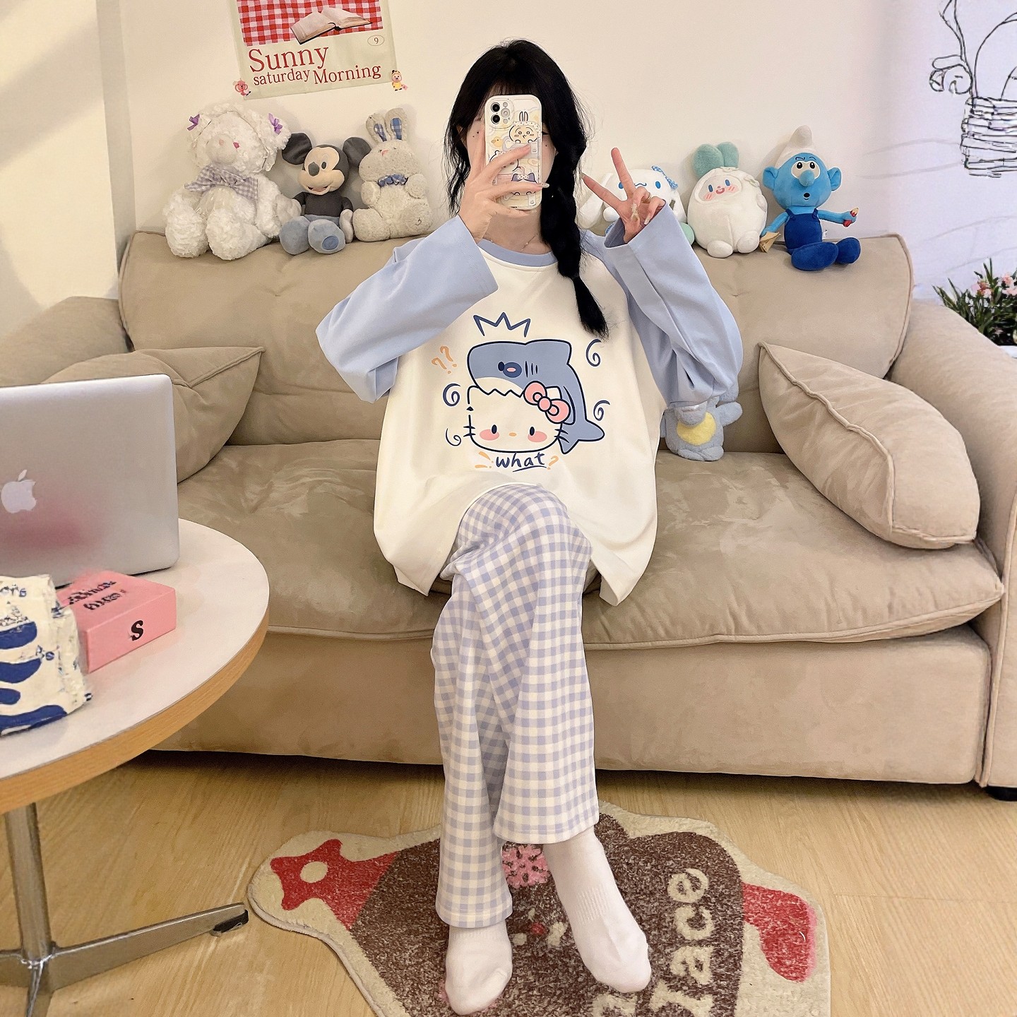 可爱卡通Kitty猫睡衣女春秋季带胸垫长袖套头套装少女格子家居服,女士内衣/男士内衣/家居服,睡衣/家居服套装,淘宝优惠券,粉丝福利购,淘宝优惠卷