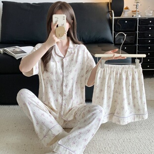 云朵棉睡衣女甜美三件套装 ins绝美紫碎花夏季 套装 新款 家居服 短袖