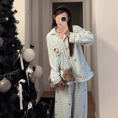 加厚法兰绒睡衣女可爱凯蒂猫珊瑚绒kitty秋冬保暖甜美家居服套装